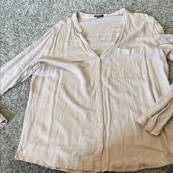 Express Beige Button-Down Blouse - Picture 2 of 4